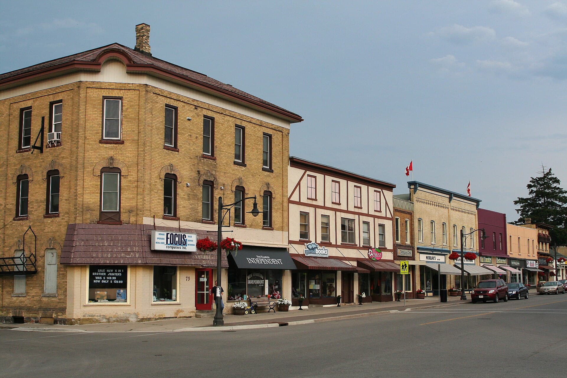 Heritage storefronts along Peel Street in downtown New Hamburg, in golden evening light
